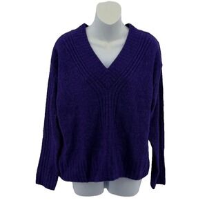 Talbots V Neck Sweater Women Medium Purple Wool Blend Rib Knit Pullover NWT